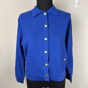 Ancora By Ciao Ltd Blue Knit Bomber Style Cardigan Gold Buttons Medium